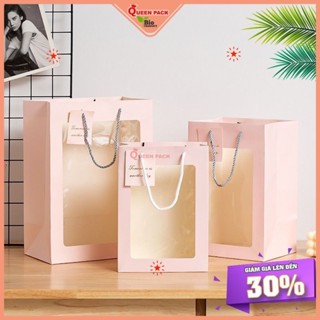 [HCM QP] Túi Giấy Trắng/Hồng Có Cửa Sổ Trong Suốt Đựng Hoa, Gấu, Quà Hàng Loại Dày Dặn