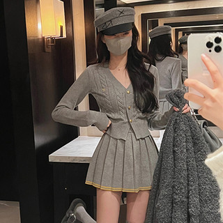 Pháp Phong Cách Nhẹ Nhàng Ngắn Thiết Kế Hai-Mảnh Ăn Mặc của Dệt Kim Áo Len Phụ Nữ Phong Cách Phương Tây Giảm Béo xếp li Váy Phù Hợp Với Phụ Nữ