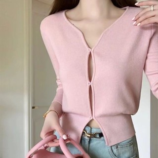 Áo len Cardigan cổ chữ V màu vàng hồng dành cho nữ Áo len thời trang ngắn mỏng mùa xuân