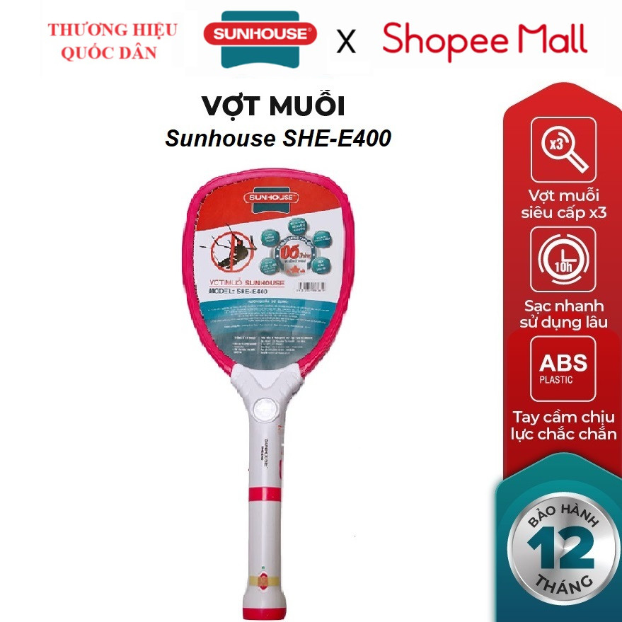 Vợt muỗi SUNHOUSE SHE-E400 ( hồng) SHE-1702 (Vàng ), Tích hợp đèn LED siêu sáng và đèn báo sạc, Thân