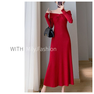 Milyfashion Đầm Dệt Kim Trễ Vai Nhẹ Nhàng Quyến Rũ Thời Trang Thu Đông Dễ Phối Đồ Phong Cách Mới