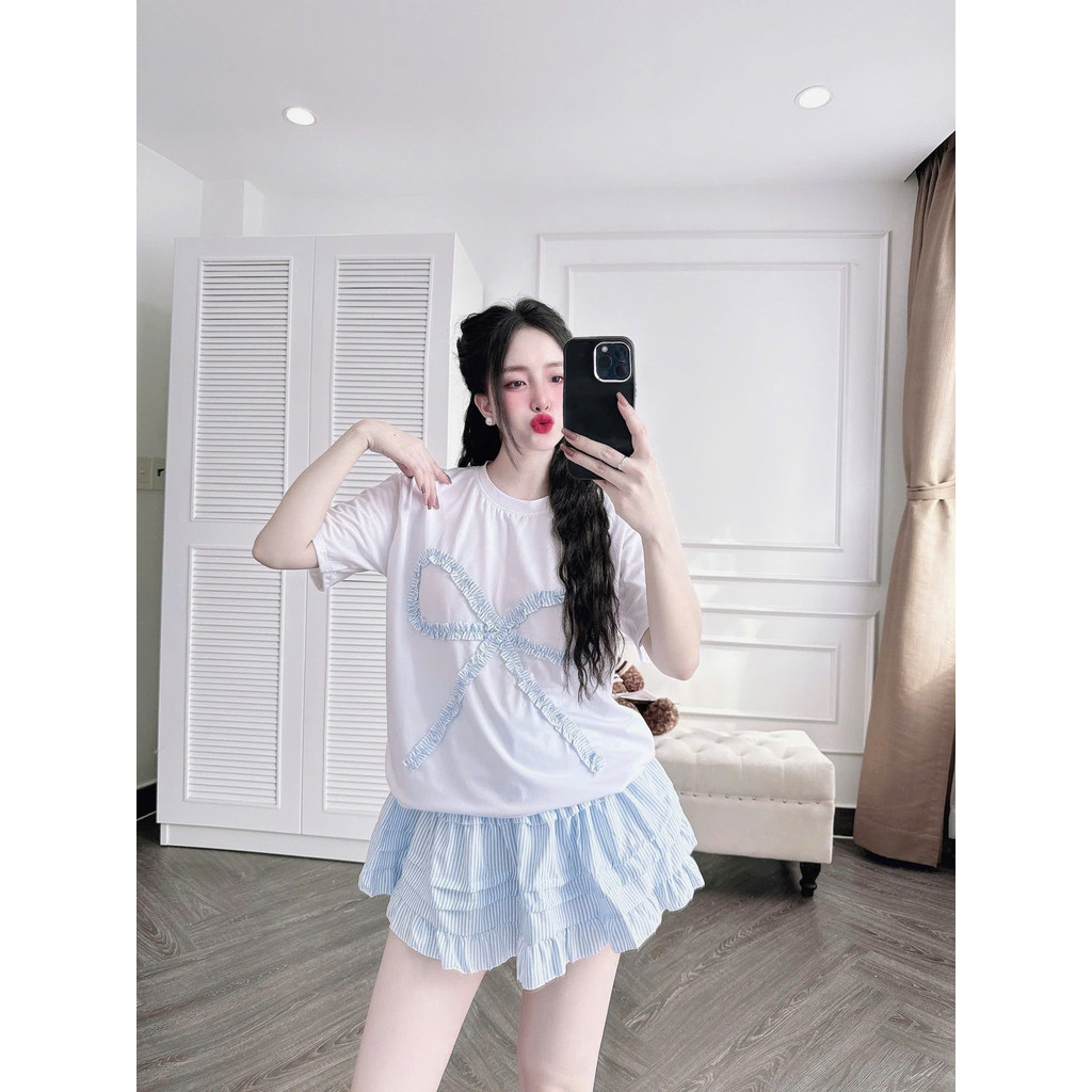 Set Thời Trang Nữ Áo Đính Nơ Cổ Tròn Kèm Chân Váy Nữ 45 - 95kg Dễ Thương Cho các nàng Có Bigsize Thun Women
