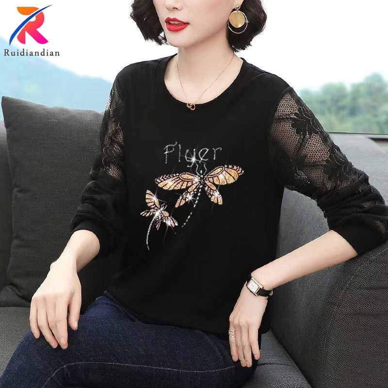 Ruidian Mùa Xuân Mới Thời Trang Dài Tay Áo Thun Nữ Mùa Thu Mỏng Rời Top Quần Áo Thường Ngày