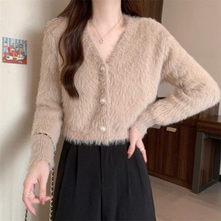  Áo khoác cardigan  áo khoác len lông dáng ngắn dài tay màu trắng màu đen cổ V vải len lông thỏ mịn hàng QCCC - RUBY 