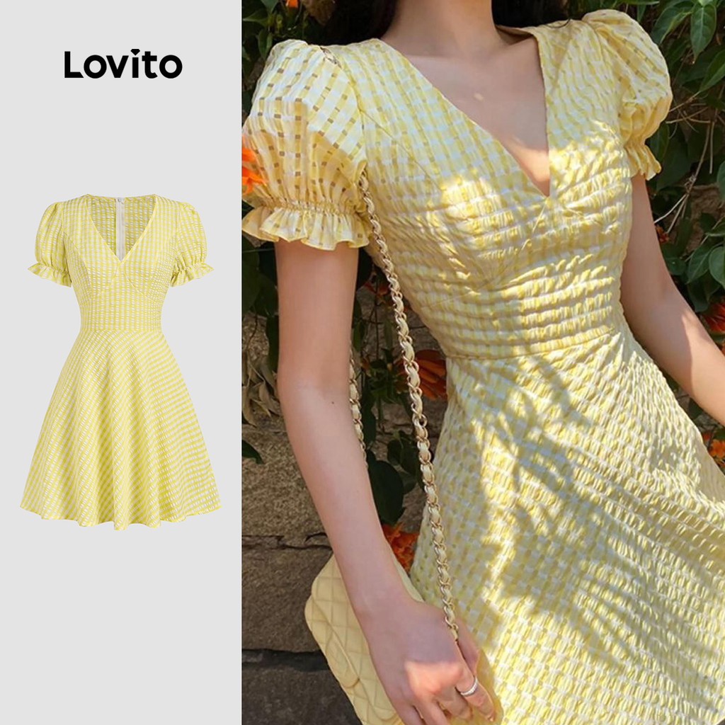 Đầm nữ Lovito vàng xuân hè xếp nếp dây kéo kẻ caro phong cách thường ngày L134LD017