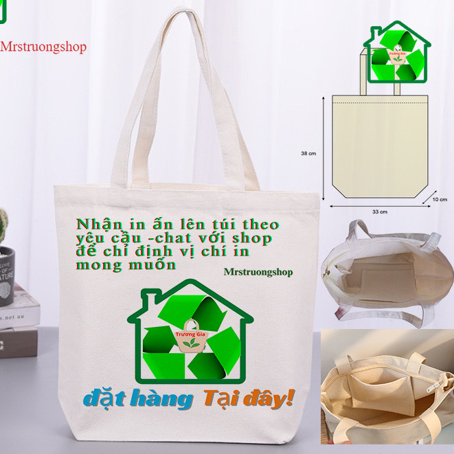 [Túi có in theo YC] Túi Vải canvas tote không khóa, có khóa kéo, có túi con đã gồm túi và dịch vụ in
