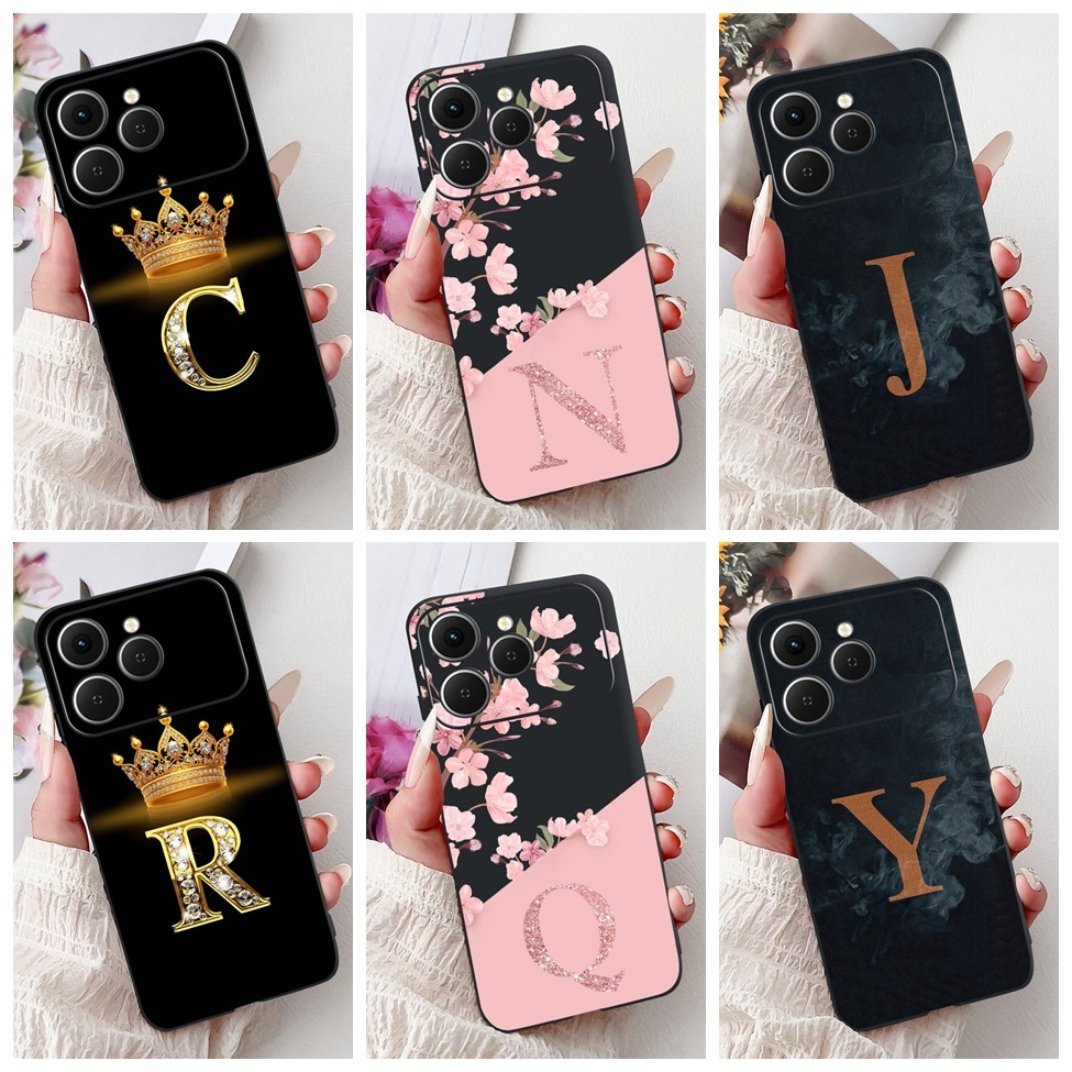 Ốp Lưng Tecno Spark 40 Silicon Đen Thẩm Mỹ Chữ A-Z Hoa Thời Trang Vương Miện Chống Sốc Vỏ Điện Thoại