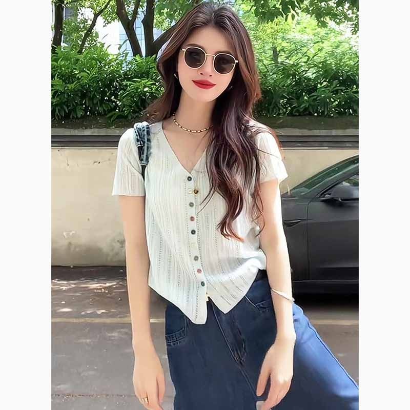 Áo Cardigan Ngắn Tay Màu Sắc Tươi Sáng Thiết Kế Cổ Chữ V Mỏng Phong Cách Mới Mùa Hè | BigBuy360 - bigbuy360.vn