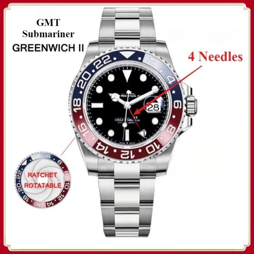 GMT / Submariner Classic Men Watch Greenwich II Thép không gỉ 4 kim Đồng hồ đeo tay nam thạch anh th