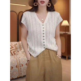 C & M Mùa Hè Nữ Mới Rỗng Ra Đan Cổ Chữ V Áo Thun Nữ Tay Ngắn