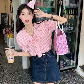 Áo Sơ Mi Nữ Cổ Búp Bê Kẻ Sọc Bong Bóng Tay Thiết Kế Mới Niche Pháp Ngọt Ngào Hàn Quốc