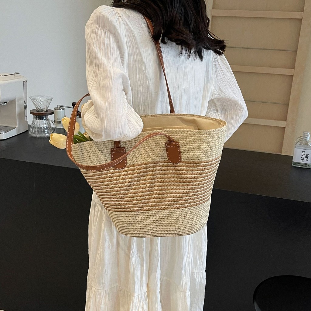 Túi cói đi biển kẻ sọc đeo vai size to có khóa kéo tiện lợi | BigBuy360 - bigbuy360.vn