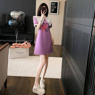 Váy cổ búp bê màu tím Phiên bản Hàn Quốc Slimer Look Classy Influencer Áo thun thể thao thông thường A @ -