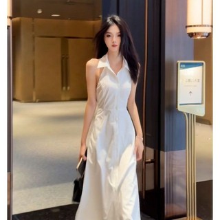 Váy Sơ Mi Không Tay Cổ Bẻ Màu Trắng Thiết Kế Dáng Liền Xẻ Tà Khí Chất Thời Trang Nữ 