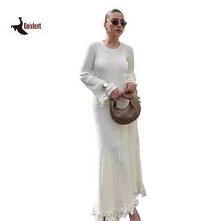 QUIXLENT Nữ Đầm Maxi Cổ Tròn Lưng Ren Rỗng Lưng Đan Đầm Chắc Chắn