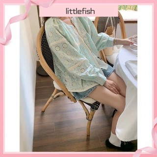 [Littlefish] Áo sơ mi chống nắng tay áo lồng đèn ren thêu hoa hướng dương Xanh bạc hà cho bé gái đi du lịch sang trọng trong mùa hè