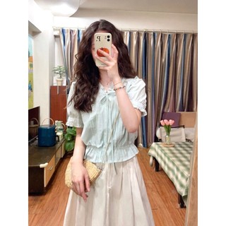 Yuewen Mint Xanh Cổ Chữ v Nấm Cạnh Kẻ Sọc Áo Sơ Mi Tay Ngắn Nữ Nhỏ Tay Phồng Bé Áo Sơ Mi Top