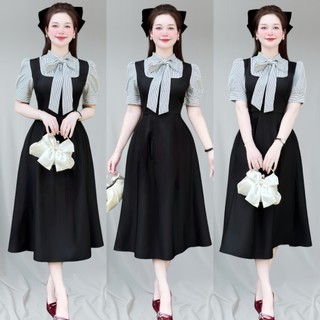 A27- Đầm Dress Nữ Thiết Kế Cổ Dây Cột NƠ Kiểu Yếm Mix Tay Ngắn Bồng SỌC,Dáng Dài Công Sở