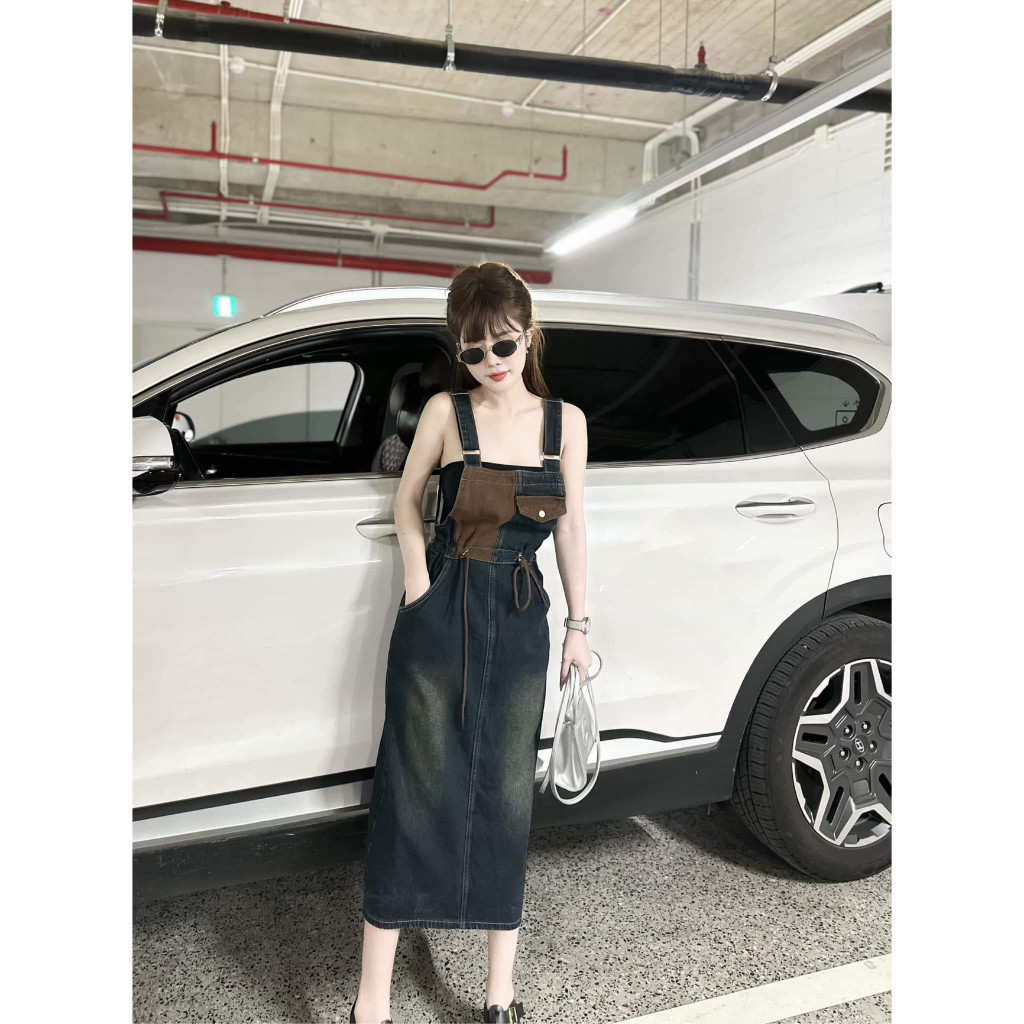 (Hàng Sẵn) Đầm yếm jean 2 dây ngực phối nâu, Yếm váy 2 dây nâu dáng dài kèm dây rút mẫu mới 2024