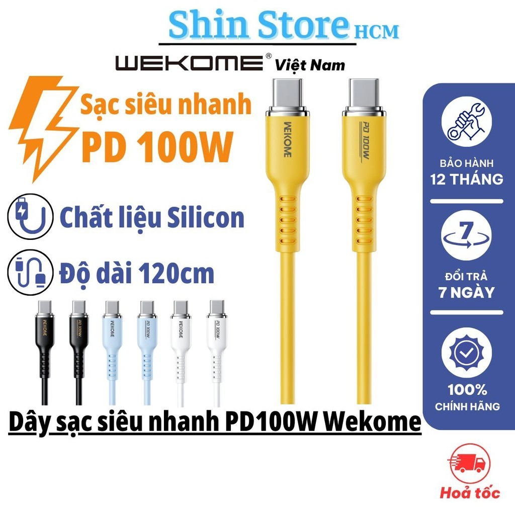 Dây sạc siêu nhanh PD 100W Type C to Type C, chính hãng WEKOME WDC-11, Dây Silicon chống đứt gãy rối