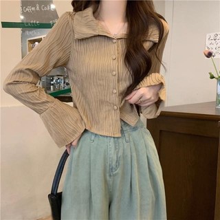 Daxingzhe Wave Họa Tiết Áo Sơ Mi Dài Tay Nữ Phong Cách Mới Thường Ngày Phù Hợp Với Dài Tay Phong Cách Ngắn Sang Trọng Áo Sơ Mi Nhỏ Hàng Đầu Hợp Thời Trang