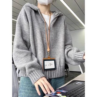 Xám Có Mũ Trùm Đầu Đôi Dây Kéo Áo Len Nữ Xuân Thu Đông 2025 Phong Cách Mới Retro Lười Phong Cách Rời Dệt Kim Cardigan