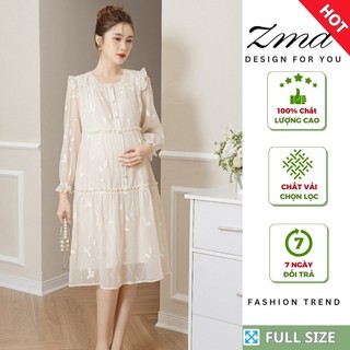 Váy Bầu Tay Dài Dáng Váy Suông Chất Liệu Tơ Thêu Hoa Cao Cấp Mềm Mại Thoải Mái Đi Tiệc Đi Làm