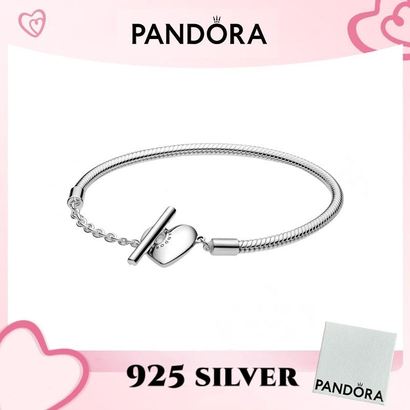 100% PANDORA S925 Bạc Trang Sức Vòng Tay Mặt Dây Chuyền Pandora Khoảnh Khắc Trái Tim T-Bar Rắn Dây C