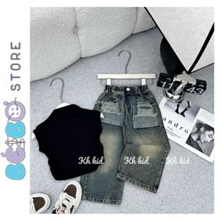 Bộ quần jean dài ống suông bé gái và áo thun cotton cổ lọ siêu đang yêu cho bé mặc đi học