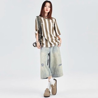 Quần lửng cổ điển kiểu Mỹ Jiashucheng quần lửng quần ống rộng màu Xanh Giặt thương hiệu mùa hè cho nữ quần jean rách