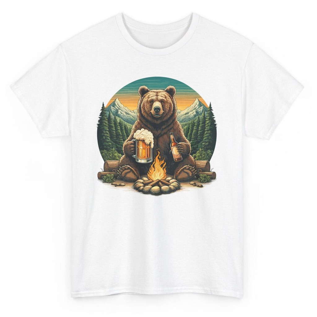 Áo thun họa tiết Camper Bear Drinking Beer, phù hợp cho các hoạt động ngoài trời với thiết kế Camp F