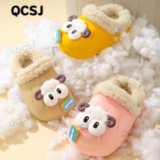 Dép bông trẻ em QCSJ Giày lỗ giữ ấm lót nhung cho bé trai bé gái giày lỗ trẻ em giày lỗ có thể tháo rời cho cừu mắt to đi bên ngoài Thu Đông