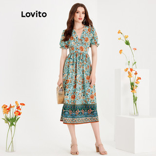 Đầm Lovito in thổ cẩm tay phồng xếp nếp ôm dáng họa tiết paisley phong cách boho cho nữ L51ED132 (màu xanh ngọc)