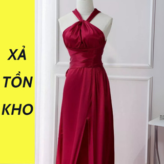 [ DEAL XẢ KHO ] Lụa Dáng Dài Cổ Yếm hở lưng SC473 Váy Dự Tiệc Ba Mảnh Cột Nơ Xẻ Tà Quyến Rũ