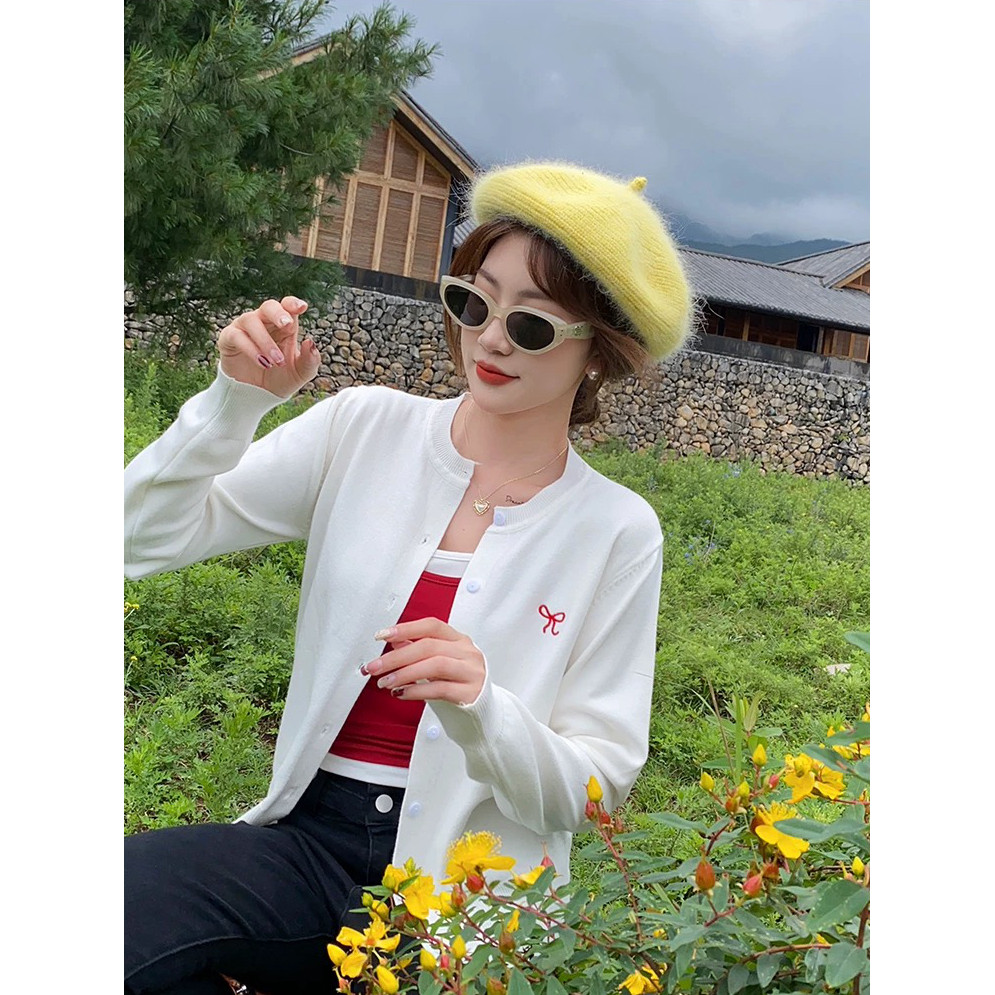 YAYUAN Cardigan nữ dệt kim cổ tròn phong cách phương Tây, thiết kế mỏng nhẹ và thêu đẹp mắt