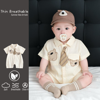  0-24 Tháng Mùa Hè Mới Quần Áo Cho Bé Trai Bé Gái Tay Ngắn Body Cotton Nguyên Chất Thoáng Khí Và Thoải Mái Gấu Màu Be Romper Phong Cách Hoạt Hình 