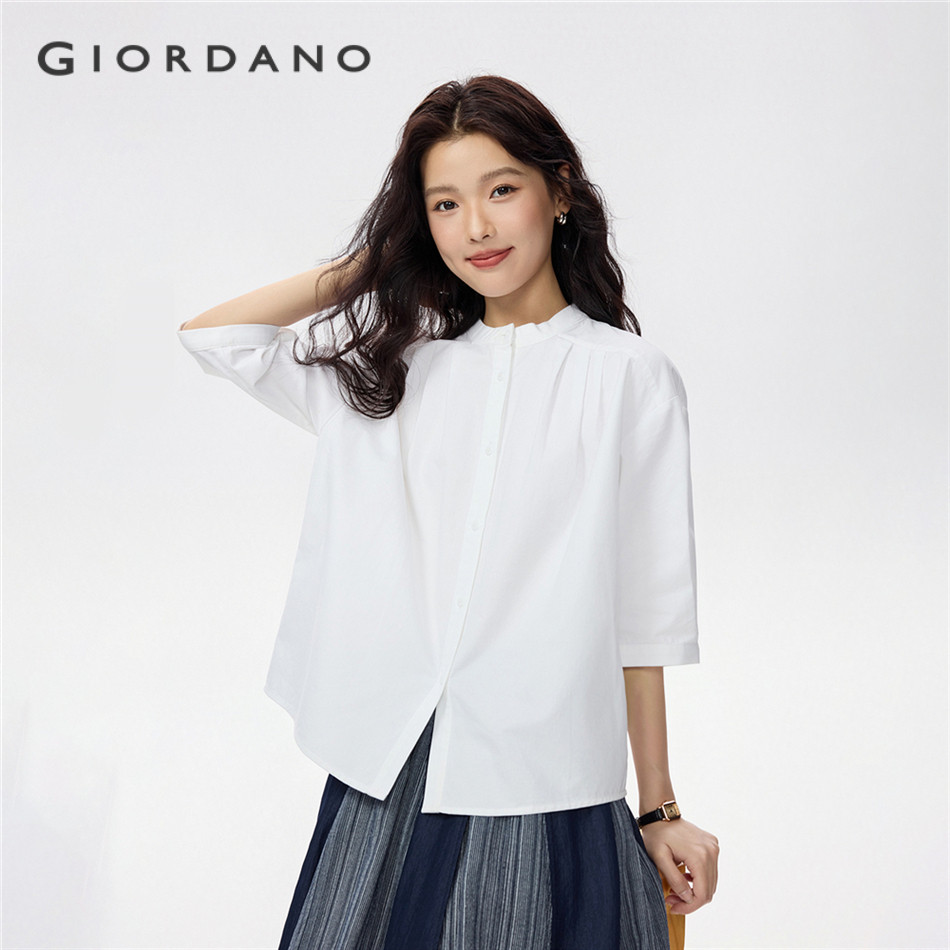 GIORDANO WOMEN Mandarin collar elbow length sleeve cotton blouse 05345870