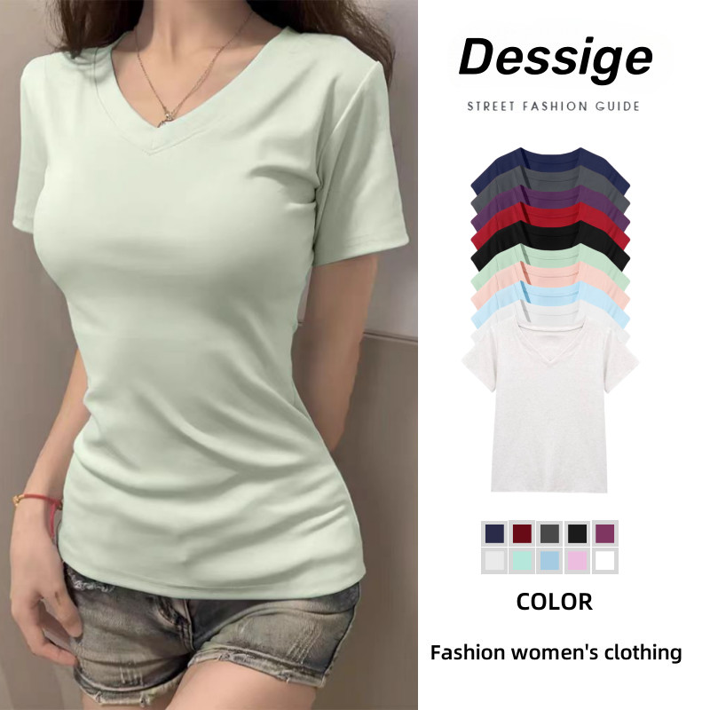 Dessige Áo baby tee Thun ôm body Áo y2k 100% cotton Áo thun nữ cổ chữ V màu xanh lá cây mùa hè