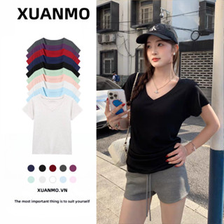  XUANMO Local brand Áo baby tee Áo Thun ôm body Áo y2k 100% cotton Mùa hè Phong Cách Mới Cổ Chữ V Ngắn Tay Đen Áo Thun Nữ Top 