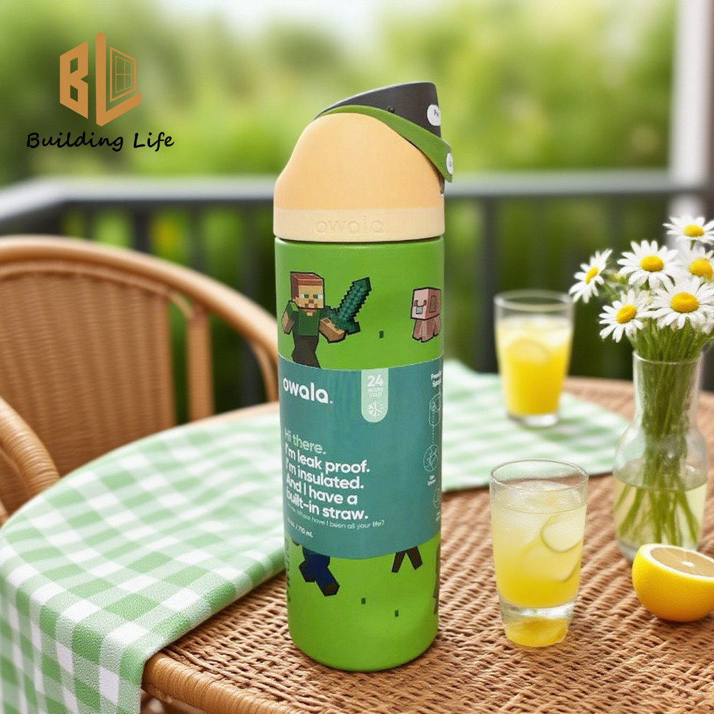Bình nước 24oz Owala FreeSp 710ml Green Cube Man Design Bình nước bằng thép không gỉ, cách nhiệt bằn