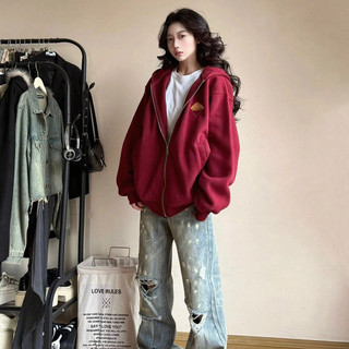  áo khoác nữ màu đỏ thu đông việt nam áo khoác hoodie zip form rộng local brand salute  