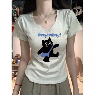 【100% cotton 】Áo baby tee Áo Thun ôm body Áo y2k Áo thun cổ chữ V in hình mèo con phong cách mới mùa hè