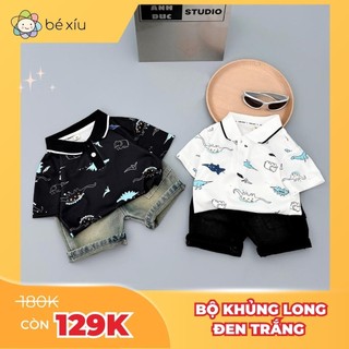 Bộ quần áo polo bé trai set quần jean áo KHỦNG LONG ĐEN TRẮNG thoáng mát phong cách Hàn Quốc cho từ 7-26Kg by BÉ XÍU B90