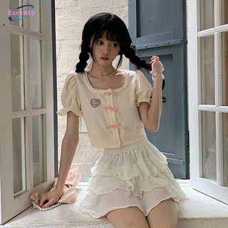 Essento Mới Phong Cách Ngọt Ngào Áo Thun Tay Ngắn Màu Trơn Hợp Thời Trang Nơ Giảm Béo Nữ Top
