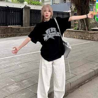 SALUTE Áo phông nữ đen form rộng mùa hè áo thun in hình fashion cotton local brand Y1567