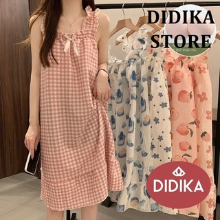 DIDIKA Váy ngủ treo mỏng in họa tiết dễ thương ngọt ngào dành cho nữ có miếng đệm ngực