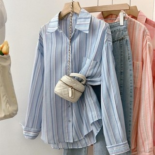 Áo sơ mi nữ tay dài form rộng freesize dưới 60kg chất kate mỏng nhẹ kẻ sọc Shirt Women Top Voi Nhung Sọc Kẻ
