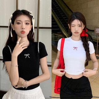 Ldd-áo Crop Tops Nơ In Hình Tay Ngắn Cổ Tròn Áo Thun Thường Ngày Mùa Hè Slim Fit Áo Sơ Mi