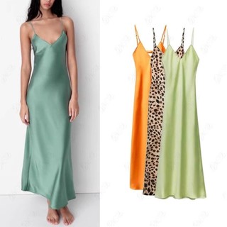 Zara Mùa Hè Mới Châu Âu Phong Cách Mỹ Tính Khí Dây Cổ Chữ V Mỏng Sling Lụa Satin Họa Tiết Quần Lót Phong Cách Đầm 2174330