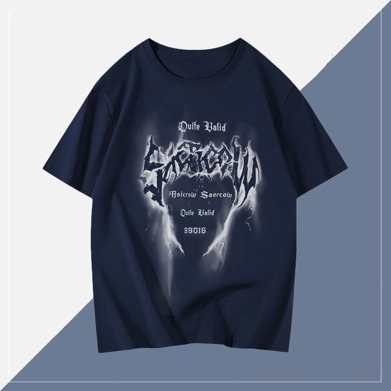 Áo thun cổ điển BEEYANBUY Áo thun sọc chữ xanh hải quân unisex ulzzang 100% cotton-Y1470 20240806